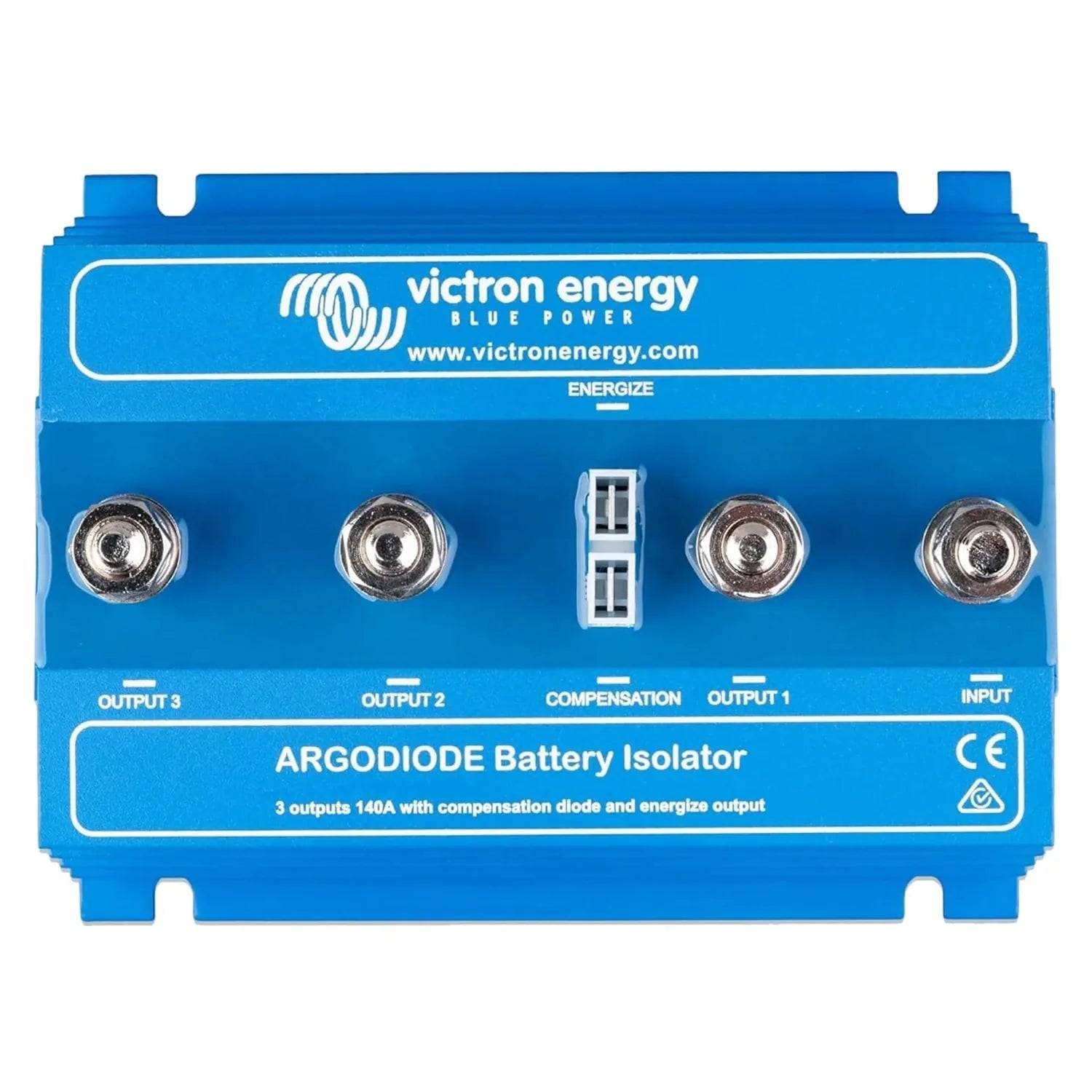 Victron Energy Argodiode Battery Isolator, blue device with five metal terminals labeled Input, Output 1, Compensation, Outpu