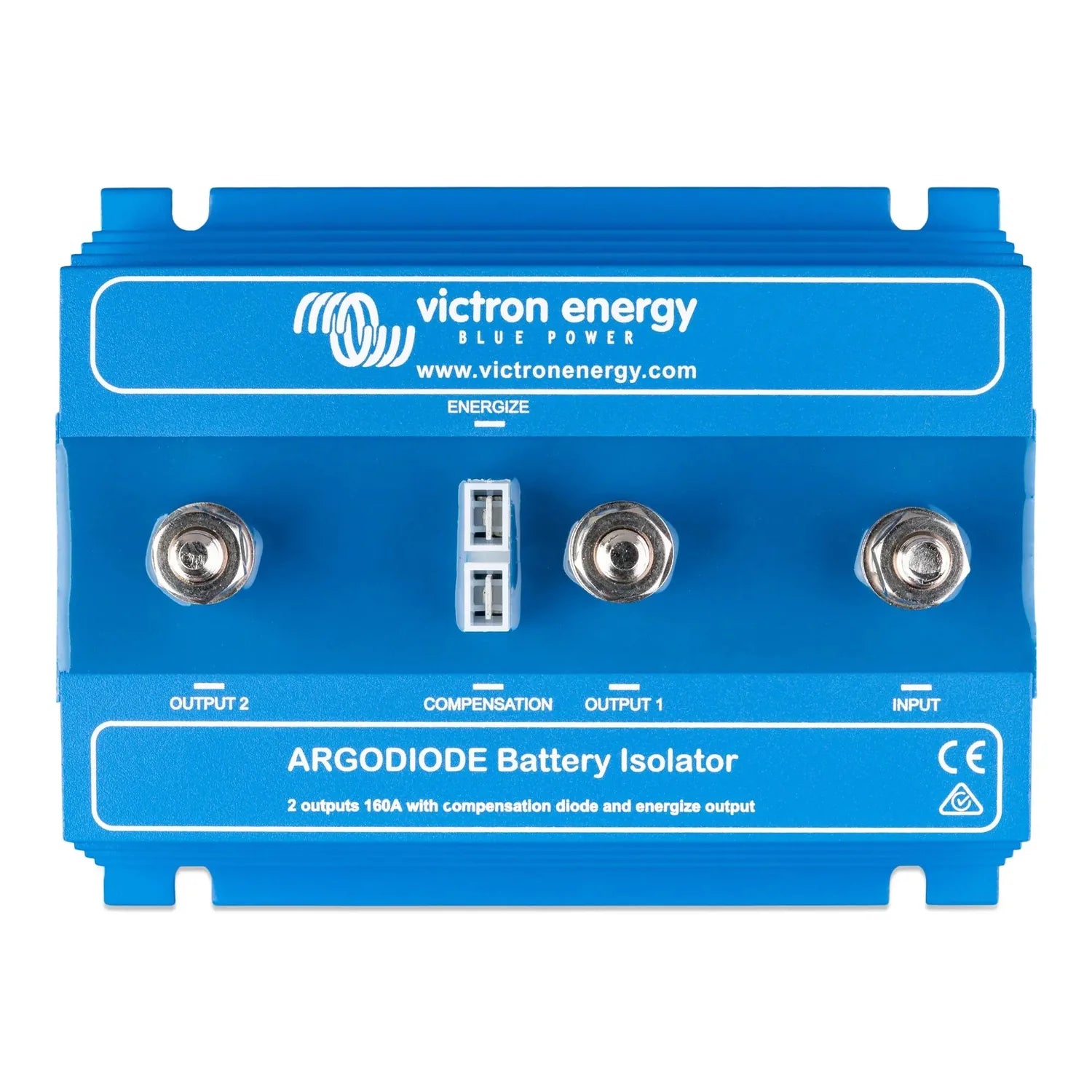 Victron Energy Argodiode Battery Isolator with blue casing, three circular terminals, and compensation diode connection port.