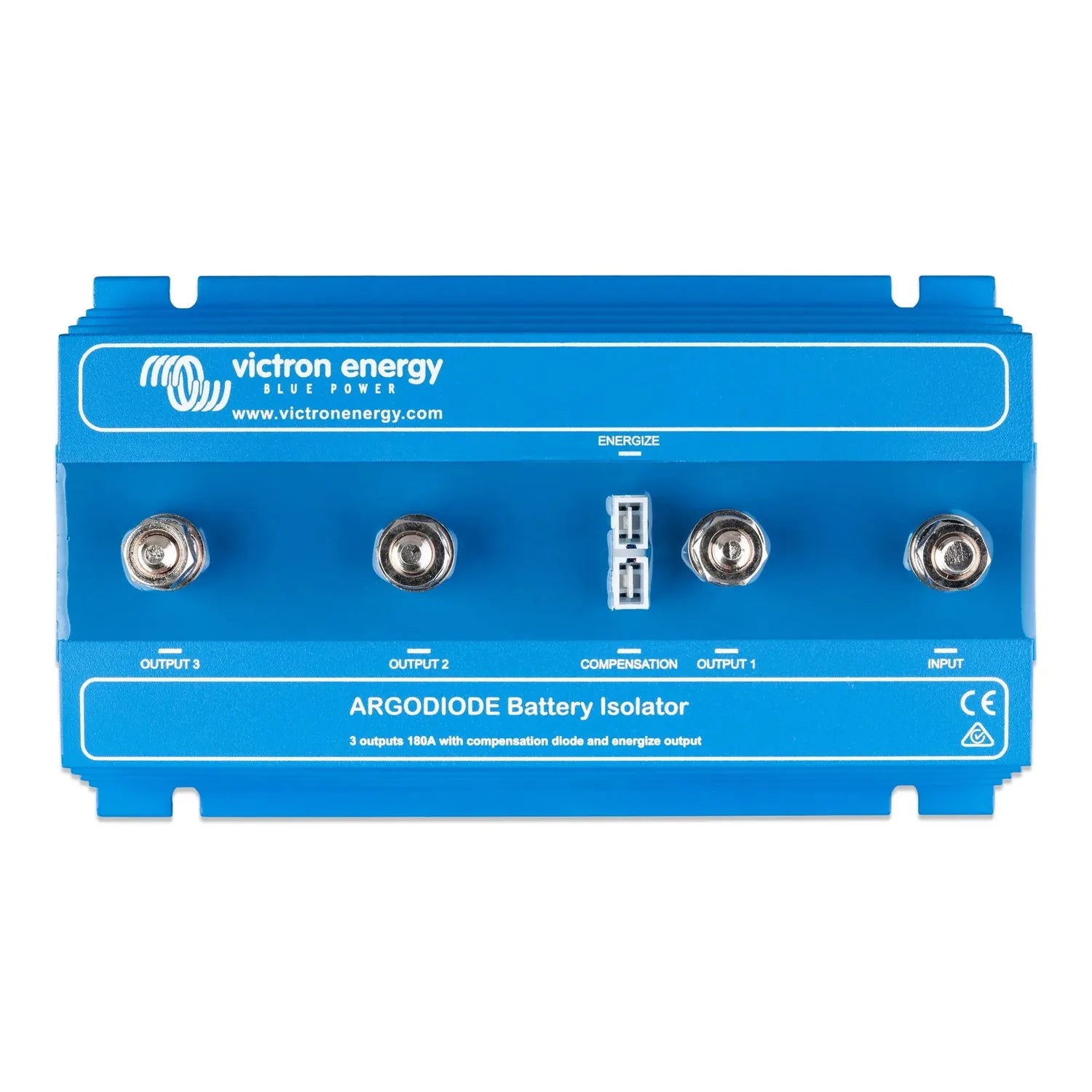 Victron Energy Argodiode Battery Isolator, blue device with five terminals labeled Input, Output 1, Output 2, Output 3, and C