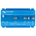 Victron Energy Argofet Battery Isolator device with blue casing, three battery terminals, input connection, and green power i