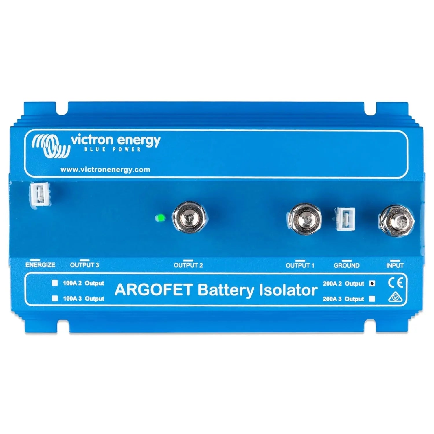 Victron Energy Argofet Battery Isolator device with blue casing, three battery terminals, input connection, and green power i