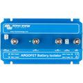 Victron Energy Argofet Battery Isolator, blue device with four M8 connectors labeled Output 3, Output 2, Output 1, Ground, an