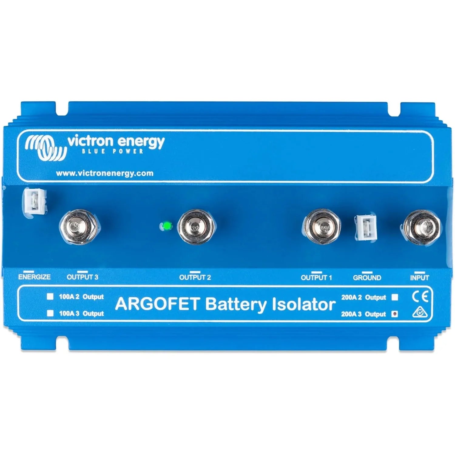 Victron Energy Argofet Battery Isolator, blue device with four M8 connectors labeled Output 3, Output 2, Output 1, Ground, an