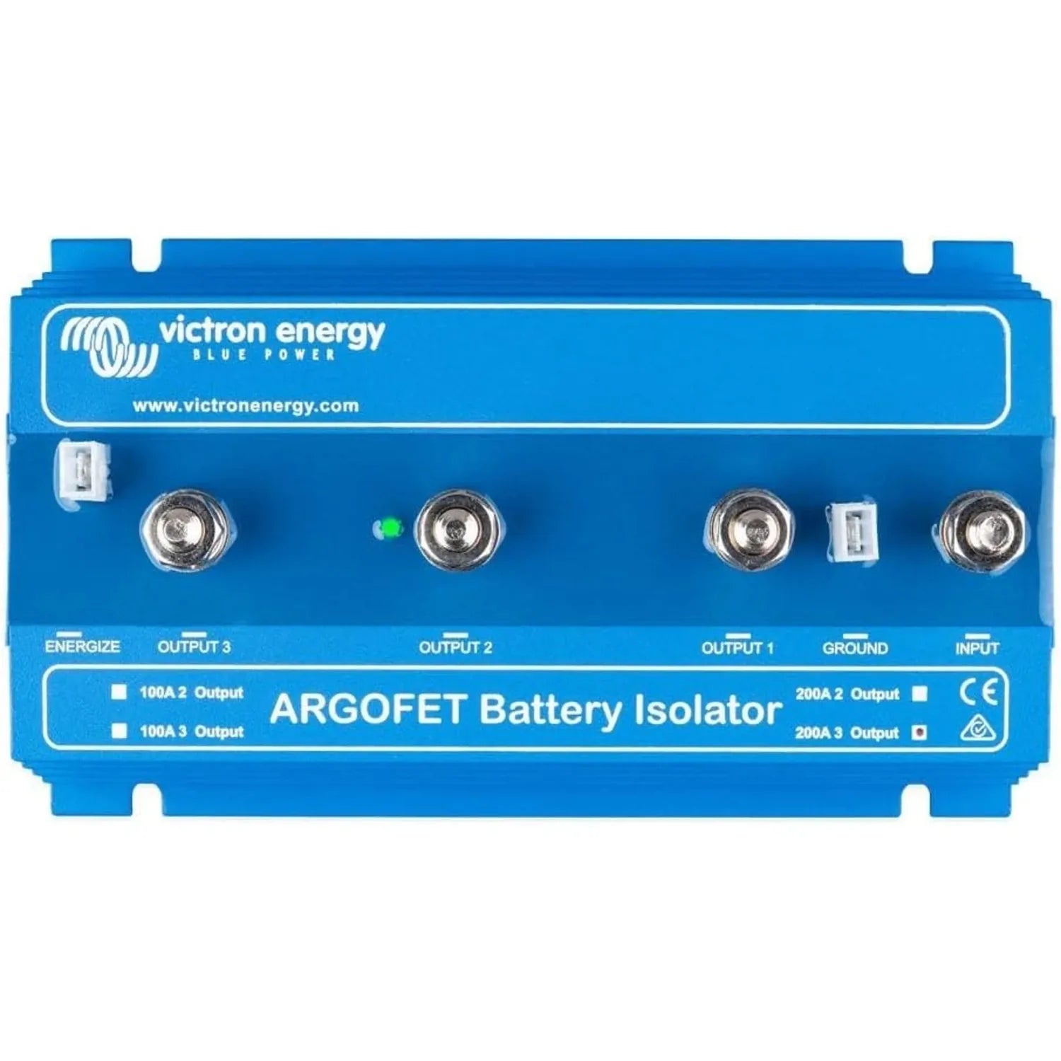 Victron Energy Argofet Battery Isolator, blue device with four metal terminals labeled Energize, Output 3, Output 2, Output 1