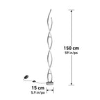 Dimension diagram of tall spiral LED floor lamp with measurements: 150 cm height, 15 cm base width, includes power cord and a