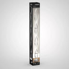 Artika Swirl LED floor lamp in packaging, showing tall chrome curved design with illuminated white light elements against bla