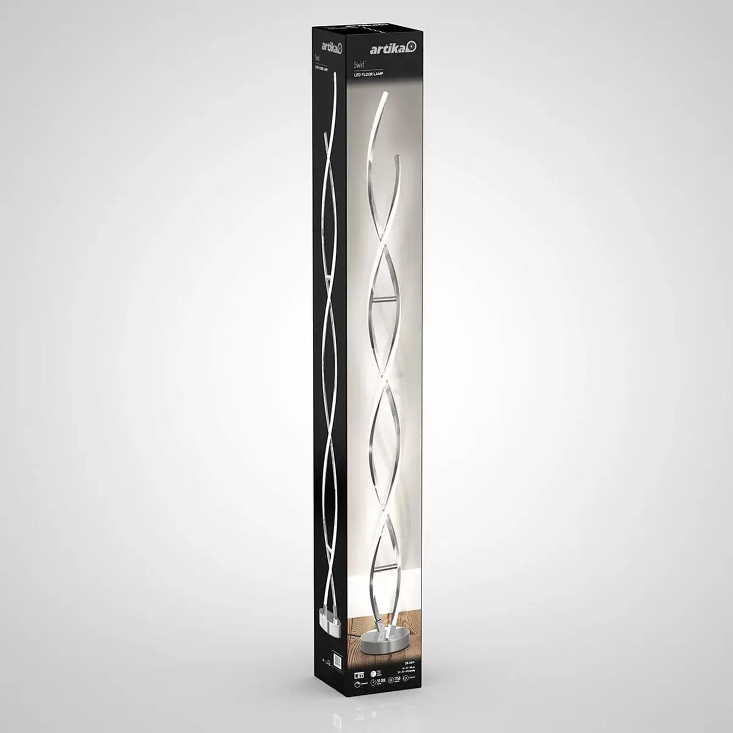 Artika Swirl LED floor lamp in packaging, showing tall chrome curved design with illuminated white light elements against bla