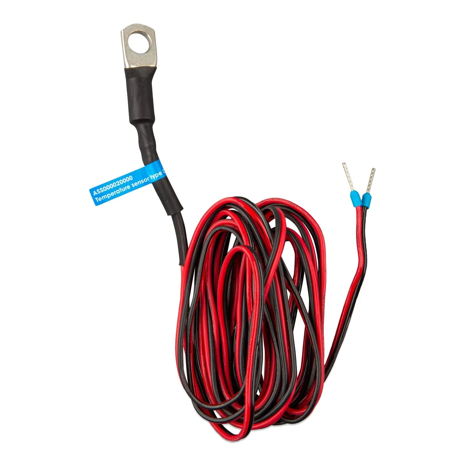 Victron temperature sensor with black insulated lead, metal ring terminal, red and black twisted wire cable, and blue label i