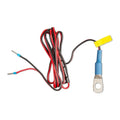 Red and black twisted cable with blue connectors on left; blue temperature sensor with yellow label and metal ring terminal o