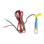 Red and black twisted cable with blue connectors on left; blue temperature sensor with yellow label and metal ring terminal o