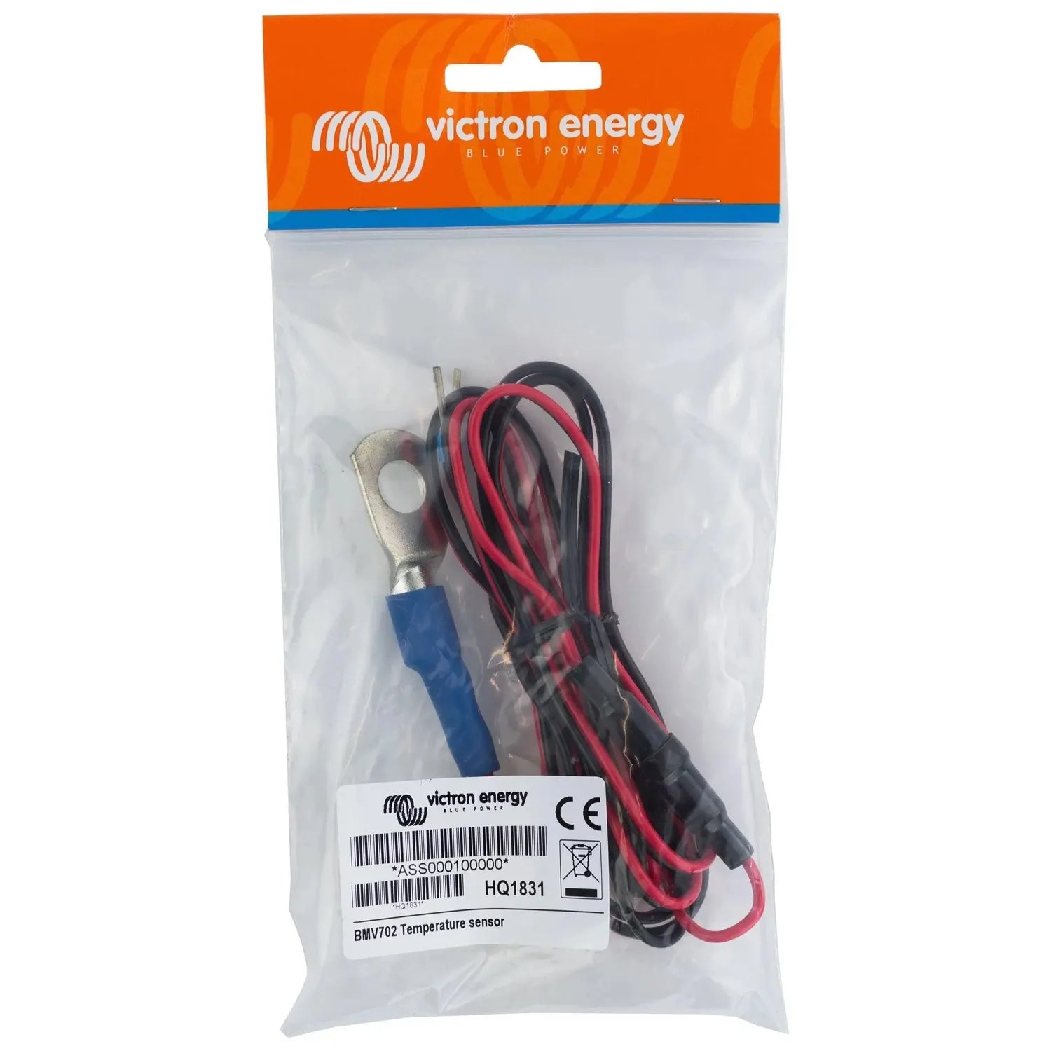 Victron Energy BMV702 temperature sensor in retail packaging, showing red and black wired connector with blue terminal.