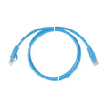 Blue RJ45 UTP network cable coiled in a circle with connectors at each end, product shot on white background.