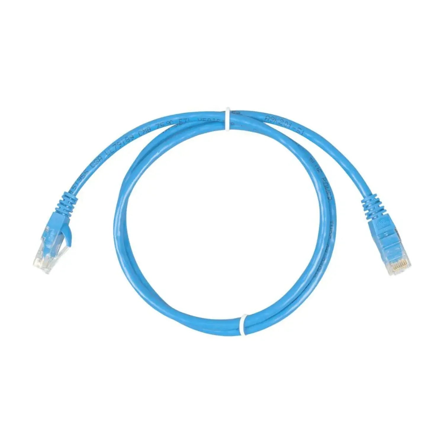 Blue RJ45 ethernet cable coiled in a circle with connectors at each end, product photo on white background.