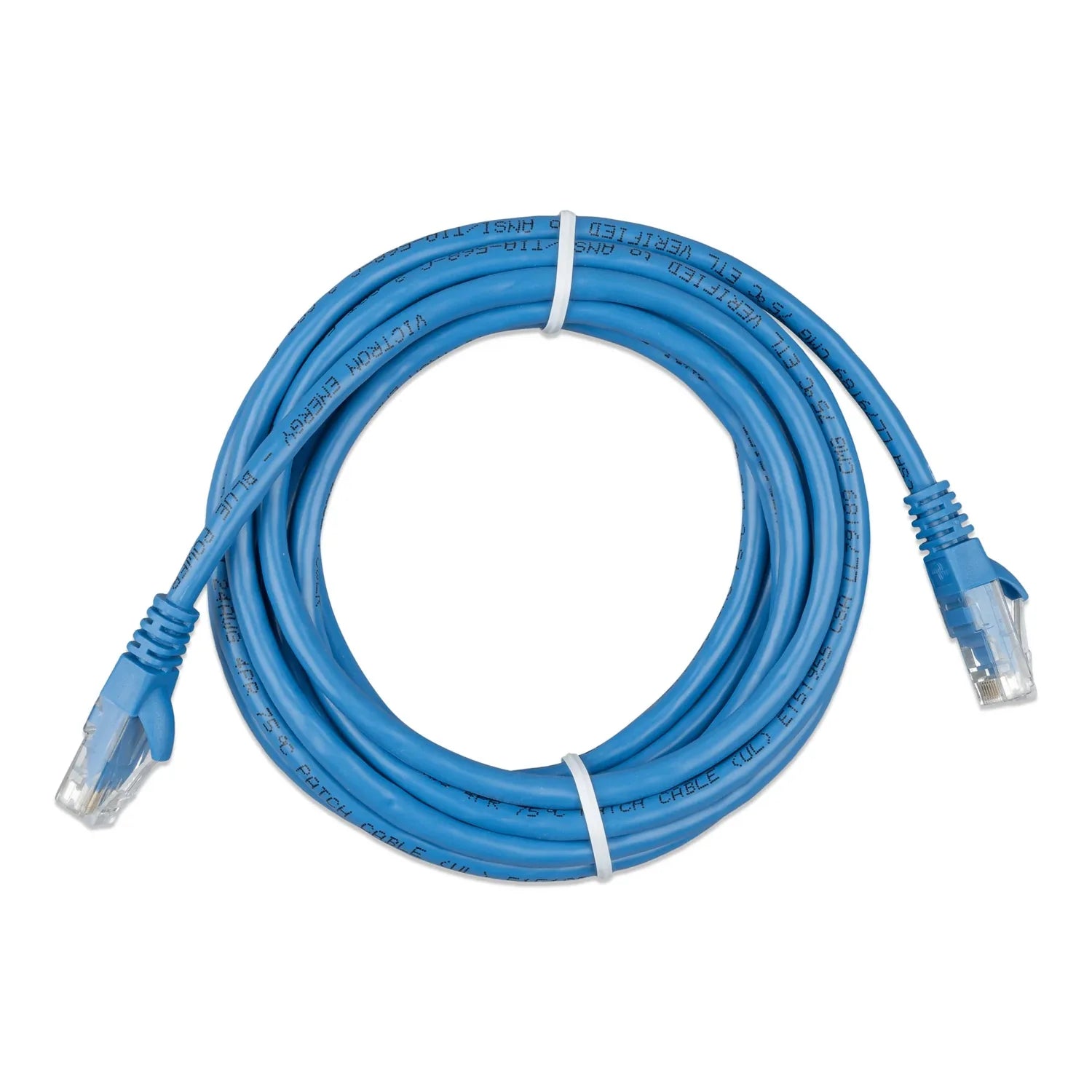 Blue RJ45 network cable coiled with white cable ties, showing connector ends on both sides against white background.