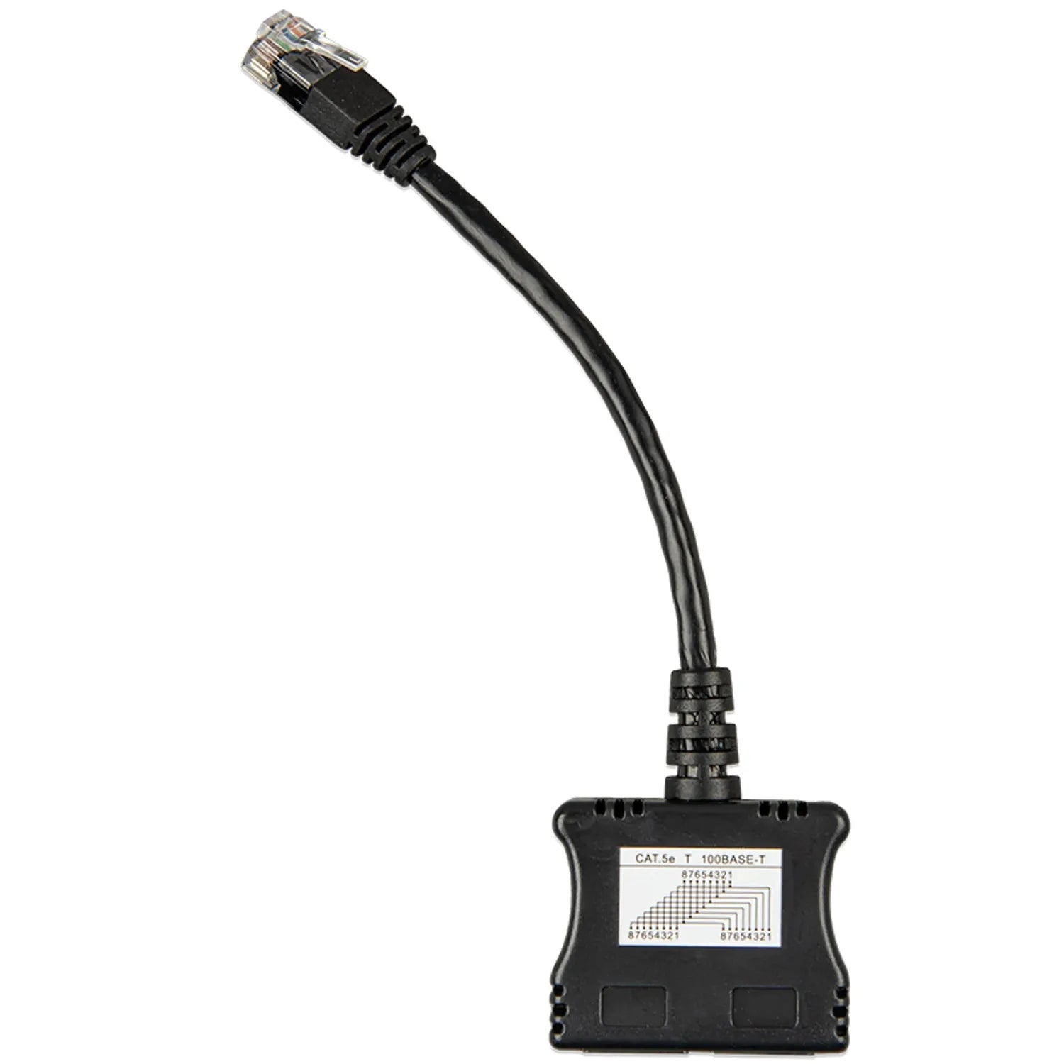 Black RJ45 splitter cable with male connector at top and dual female ports at base, product label visible on connector block.