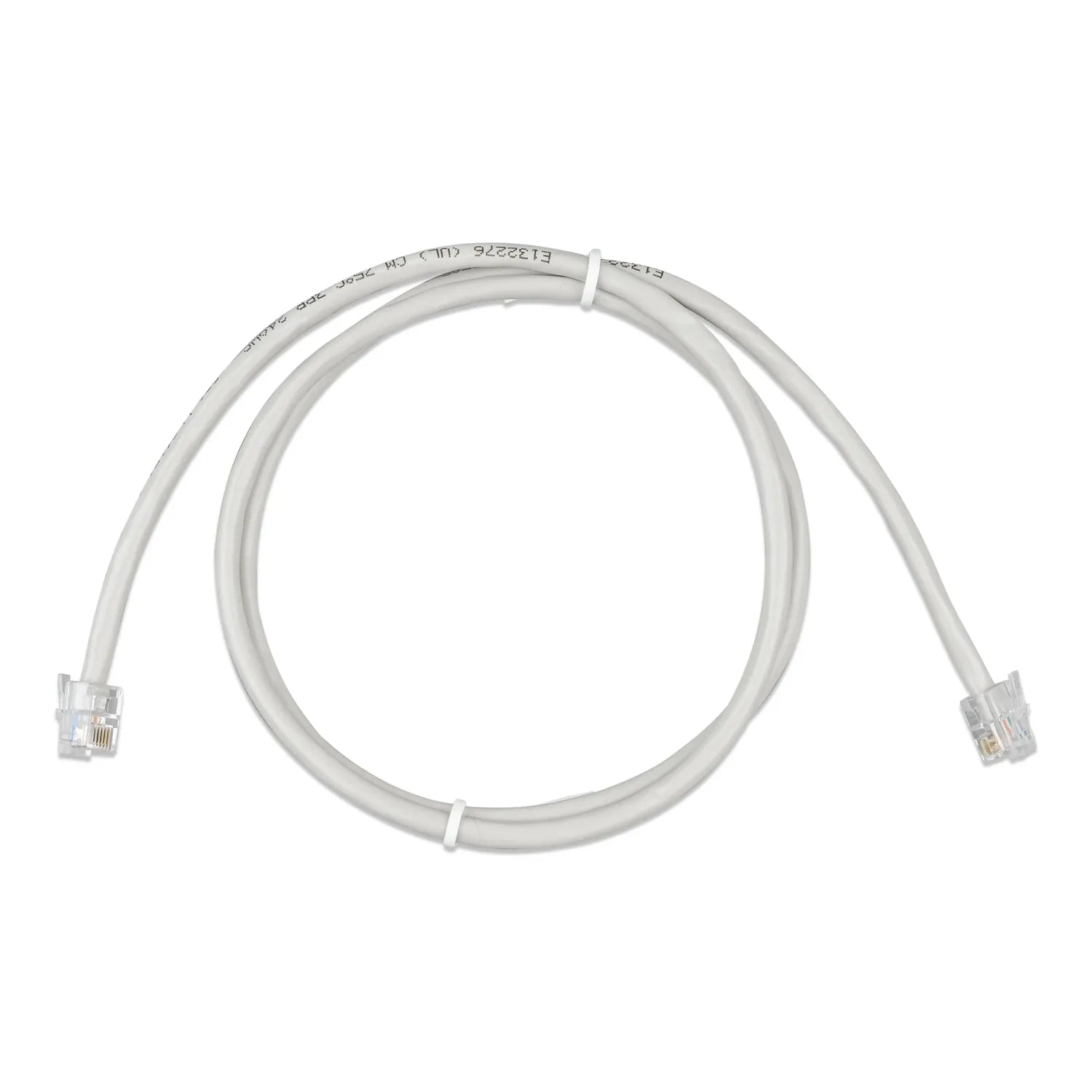 Gray Victron RJ12 UTP network cable coiled against white background, showing connectors at both ends and printed specificatio