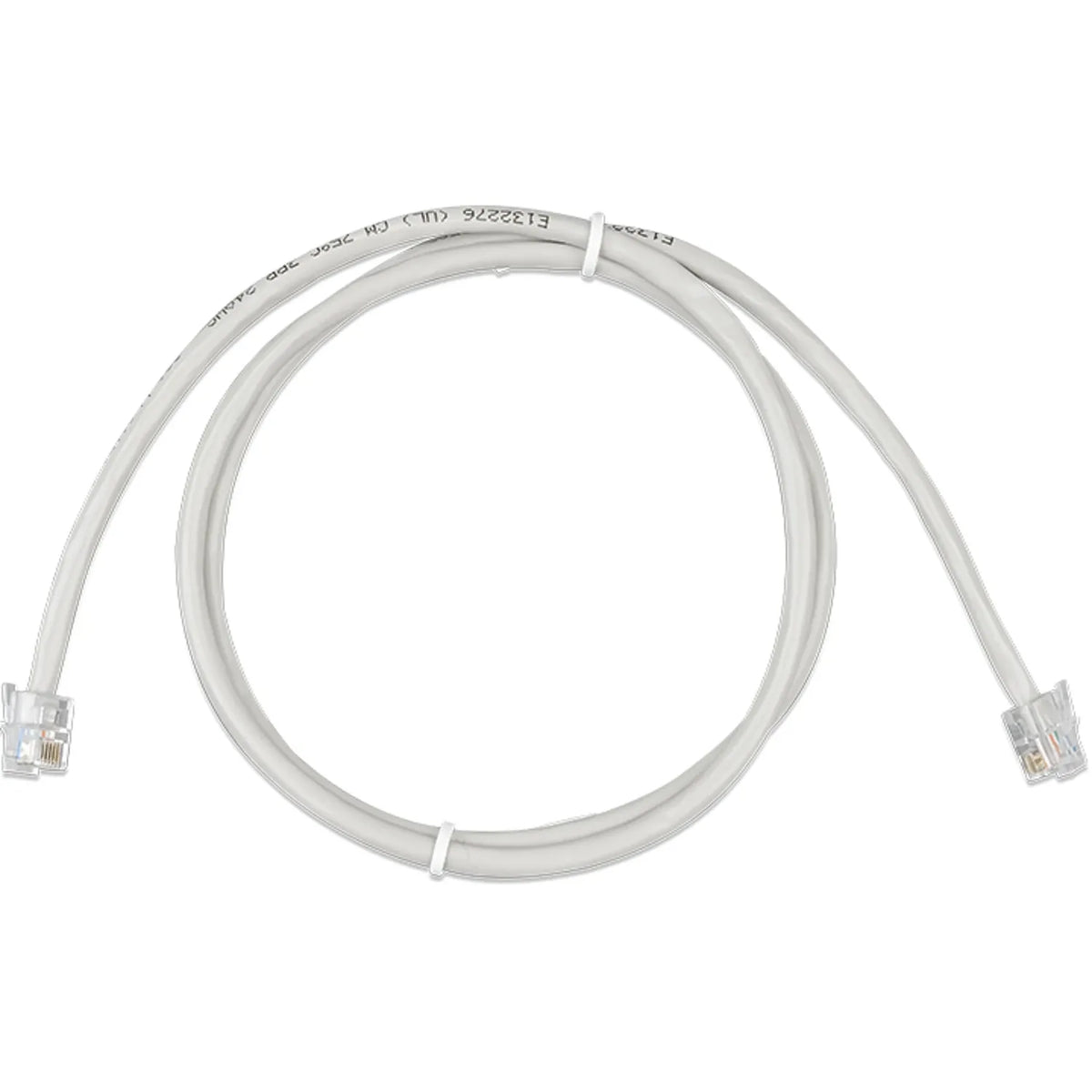 White network cable with RJ12 connectors coiled against white background, product shot showing full cable length and connecto