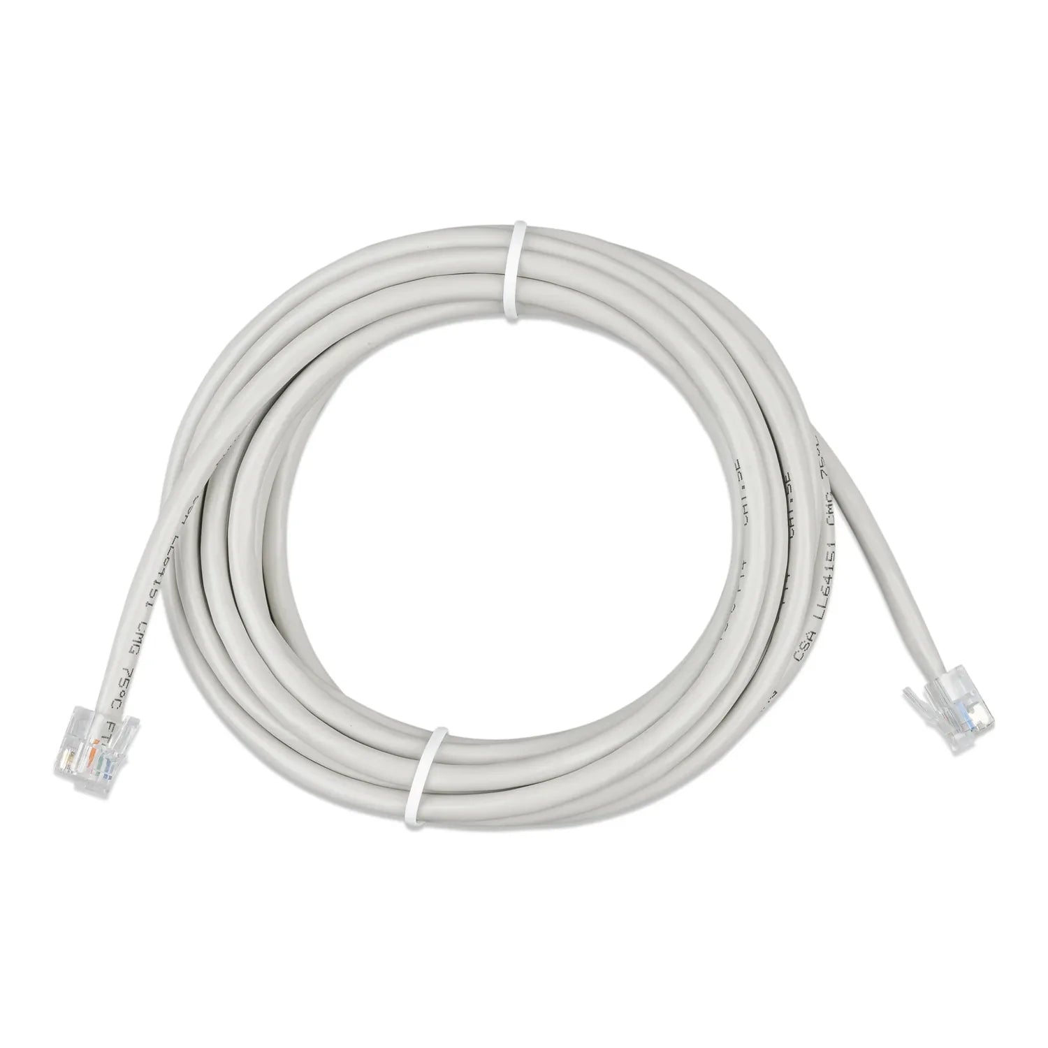 Coiled gray network cable with RJ12 connectors on both ends, secured with white cable ties.