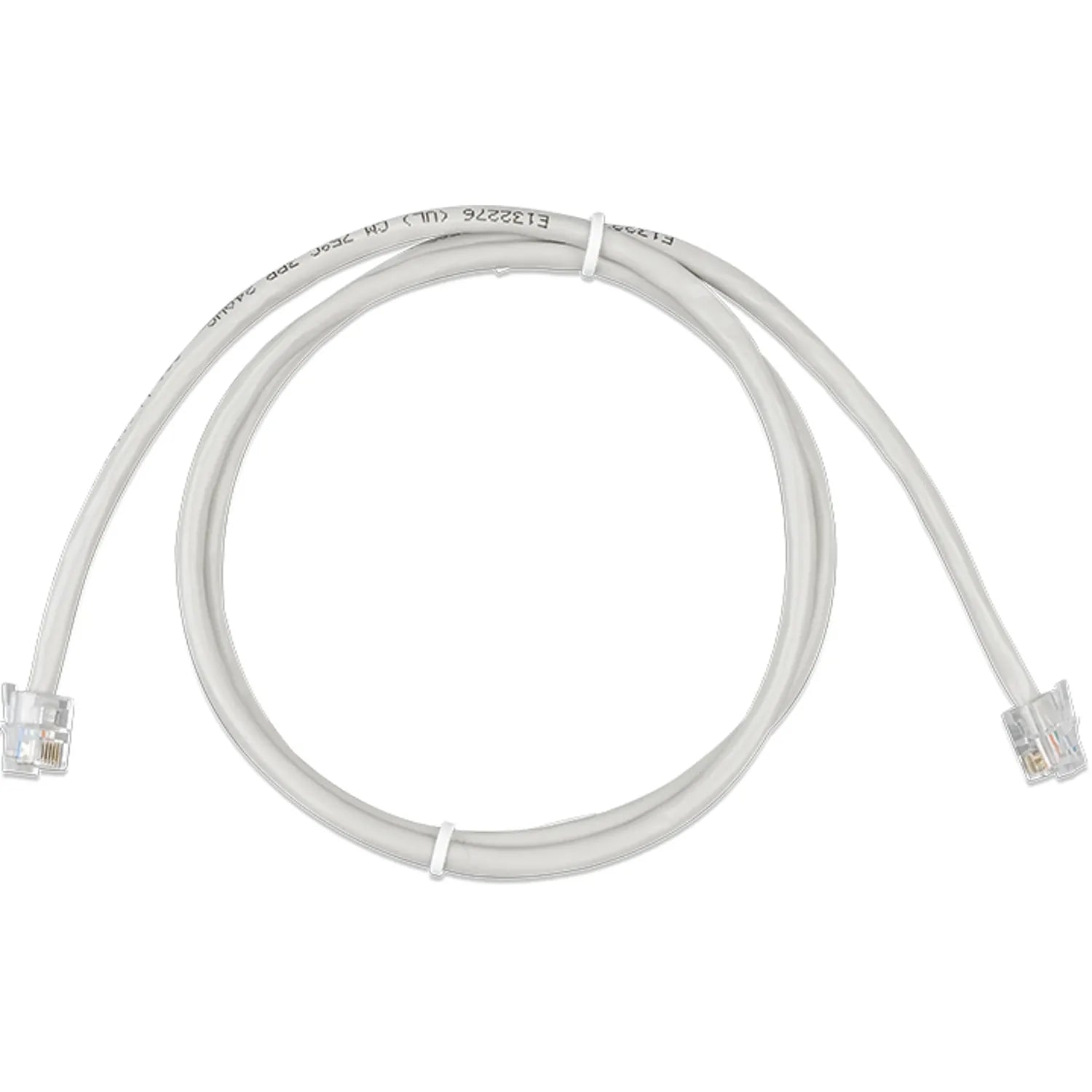 White Victron RJ12 UTP network cable coiled in a loop with transparent RJ12 connectors at both ends against white background.