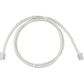 Coiled white network cable with RJ12 connectors at each end and printed specifications on the outer sheath.