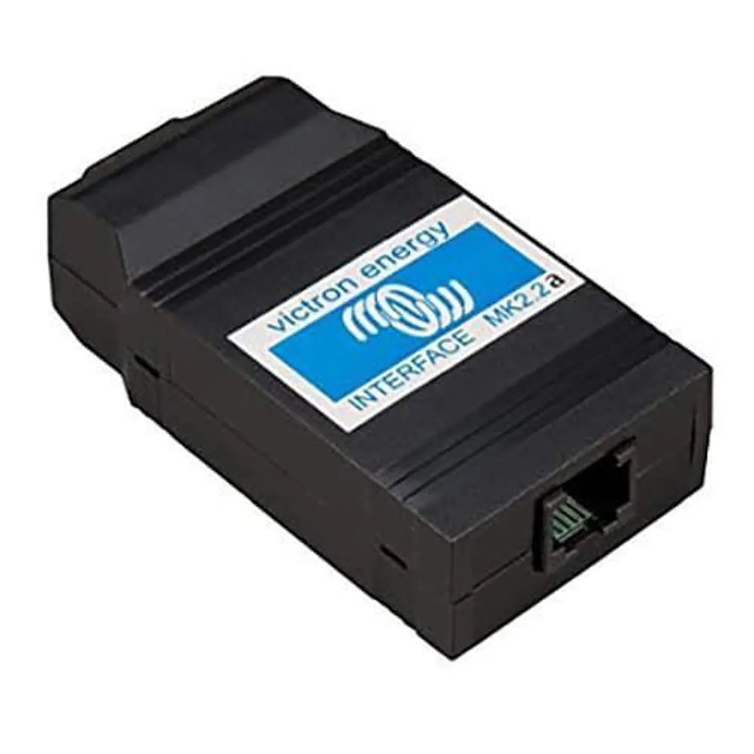 Victron MK2.2b black interface device with blue label showing wireless symbol and "INTERFACE MK2.2b" text, RJ45 port visible 