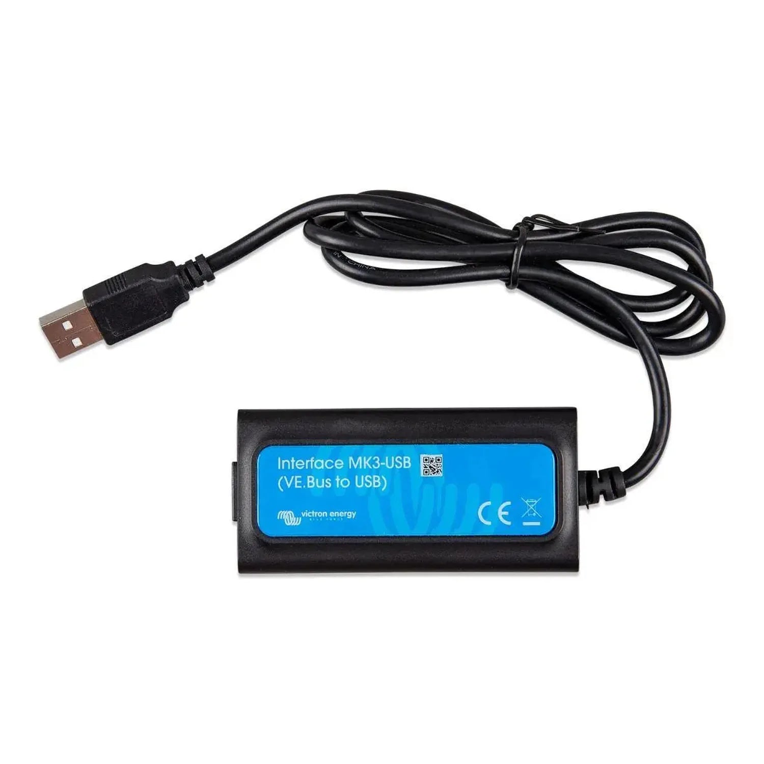 Victron MK3-USB interface device with attached USB cable against white background