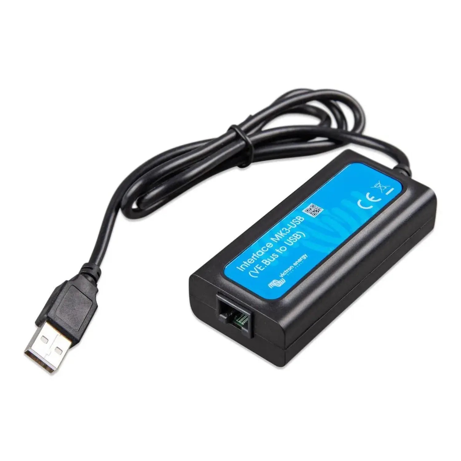 Victron MK3-USB interface device with blue label and attached black USB cable against white background.