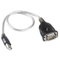 USB to serial converter cable with clear jacket and black molded connectors on white background.