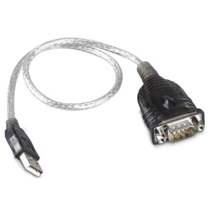 USB to serial converter cable with clear jacket and black molded connectors on white background.