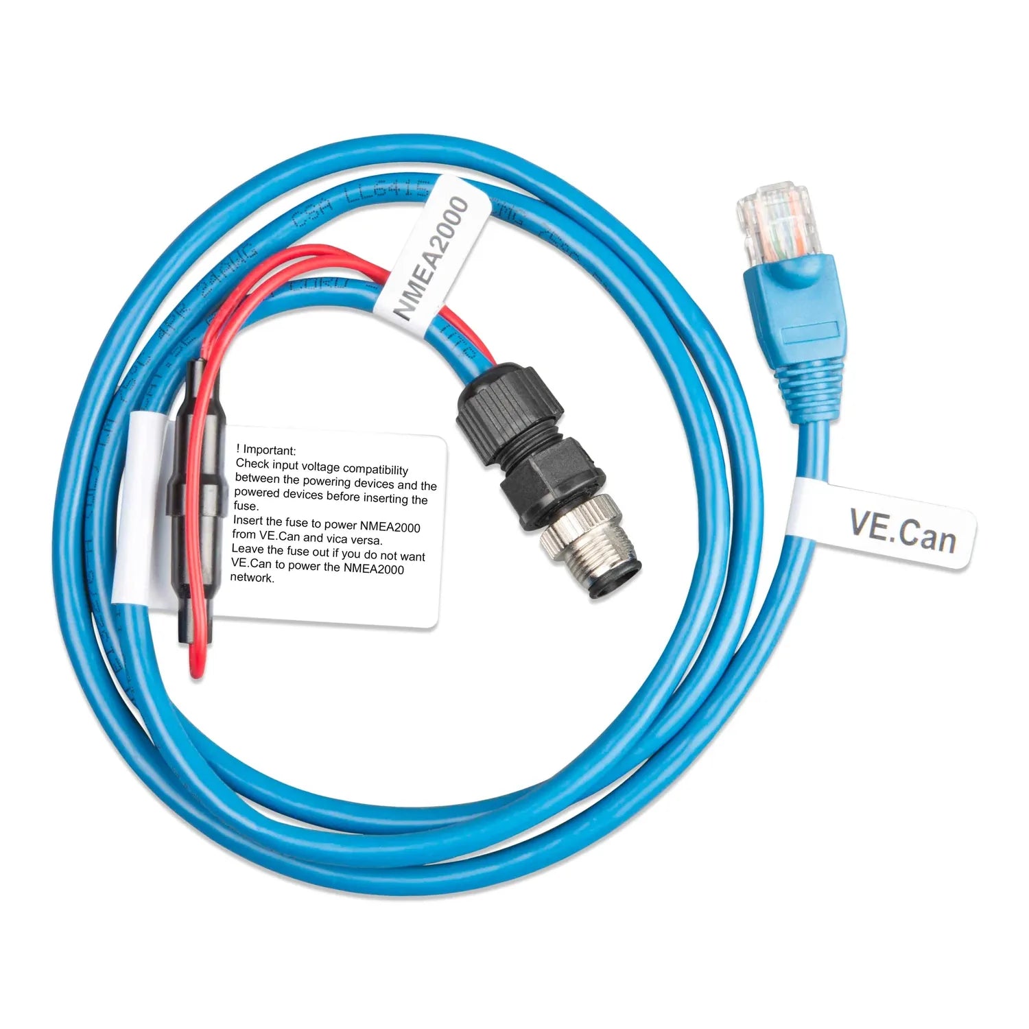 Blue network cable with RJ45 connector and NMEA2000 micro-C male connector, labeled VE.Can, including instruction tag with fu