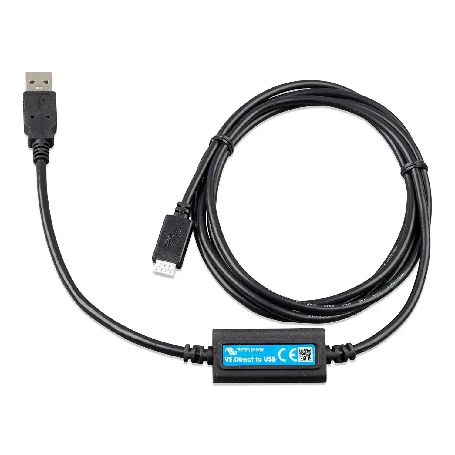 Victron Energy VE.Direct to USB interface cable with USB connector on left and proprietary connector on right, against white 