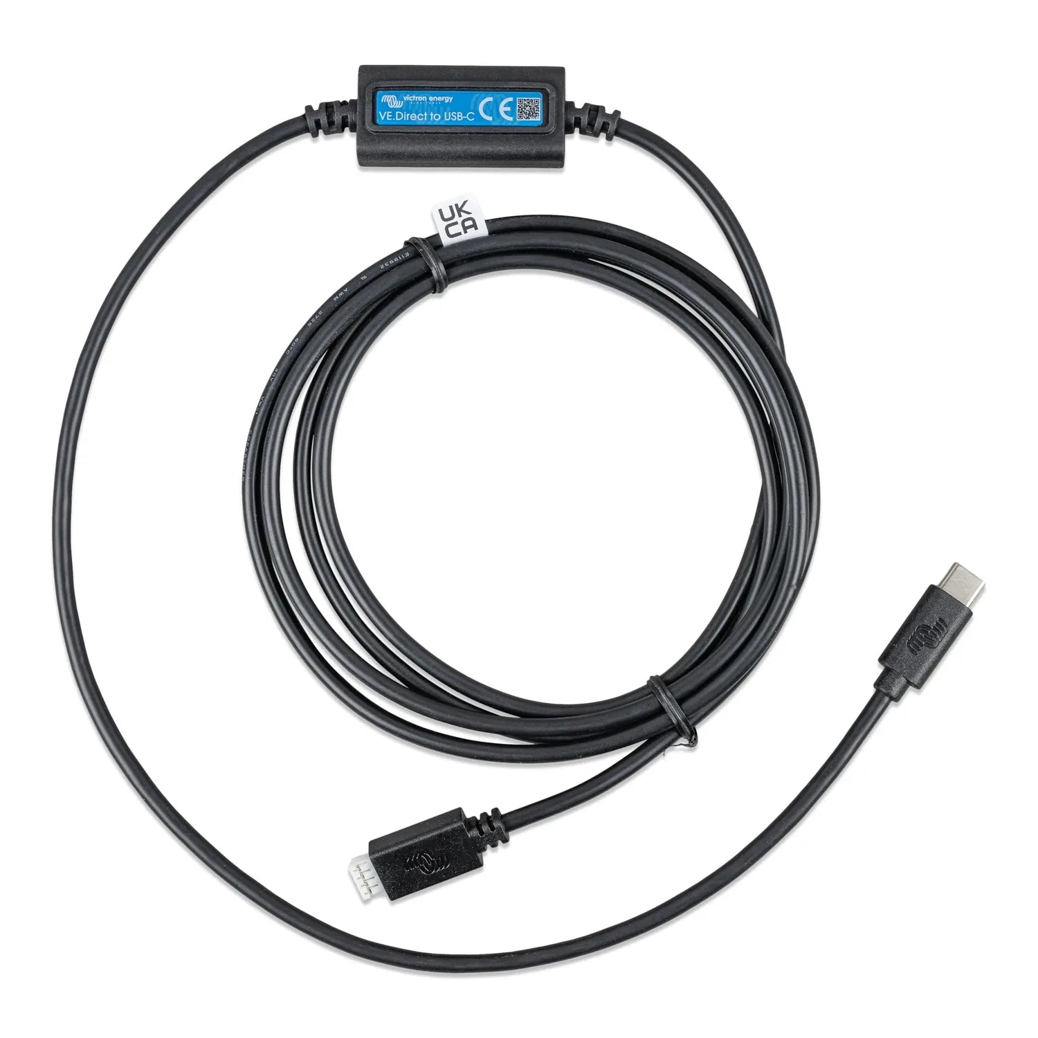 Victron VE.Direct to USB-C interface cable coiled on white background, showing blue adapter module and USB-C connector end.