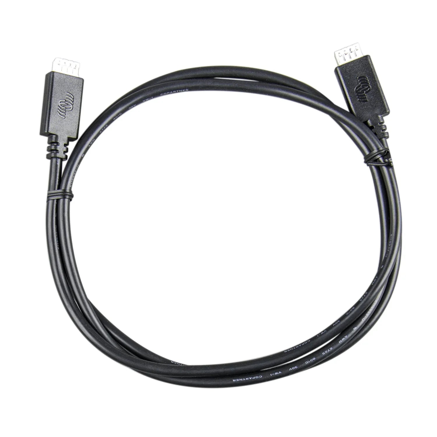Black VE.Direct data cable with connector heads at each end, coiled in a loop against white background.