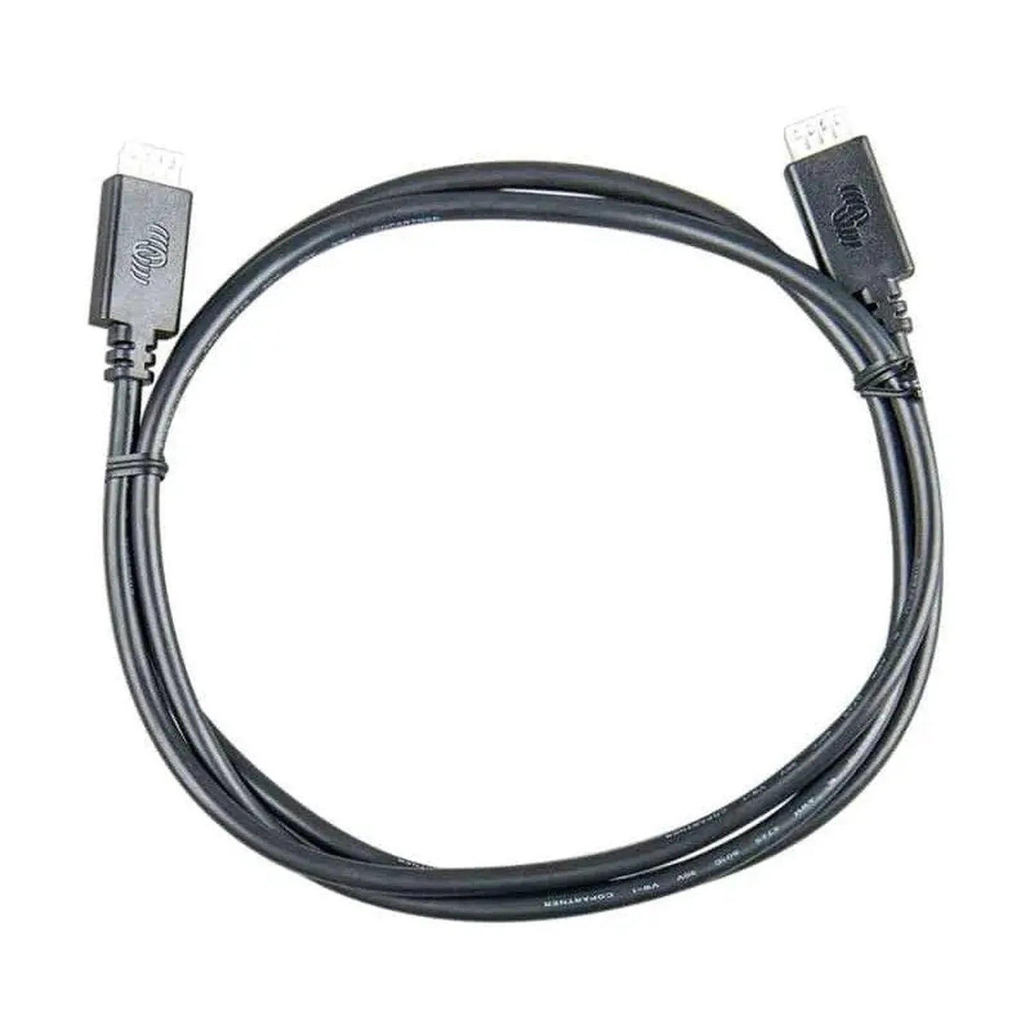 Black Victron VE.Direct data cable with connector ends coiled in a loop against white background.