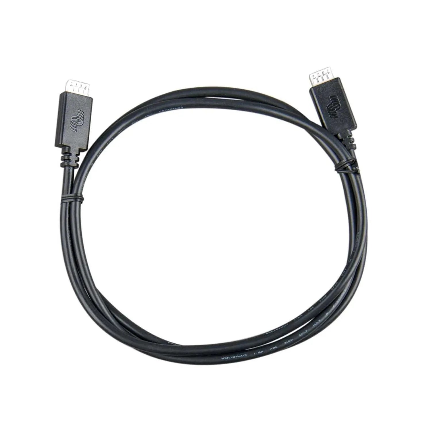 Black VE.Direct data cable with connectors at each end, coiled against white background.