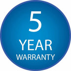 Blue circular badge with white text reading "5 YEAR WARRANTY