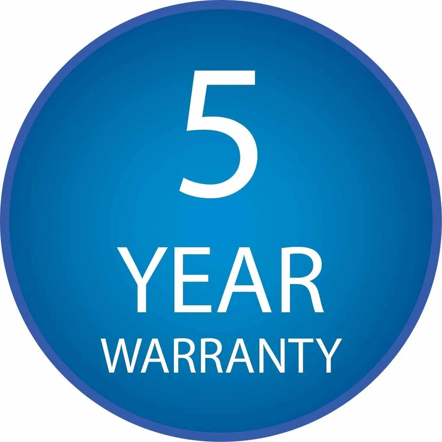 Blue circular badge with white text reading "5 YEAR WARRANTY