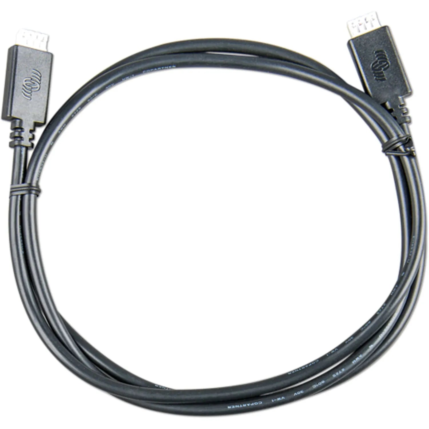 Black VE.Direct cable coiled in loop with right-angle connectors at each end, product shot on white background
