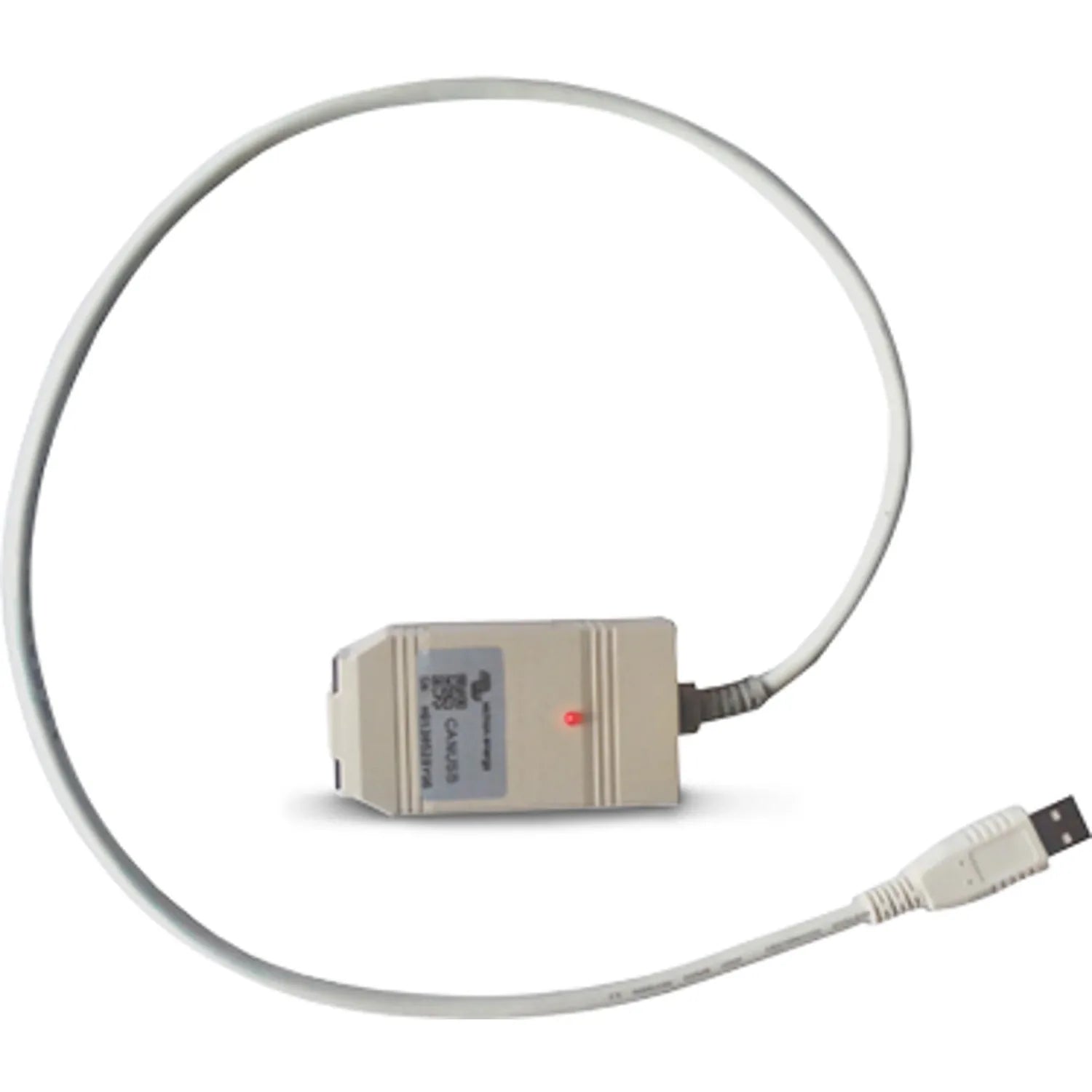 Victron CANUSB Interface with beige rectangular converter box, coiled gray cable, and USB connector against white background.