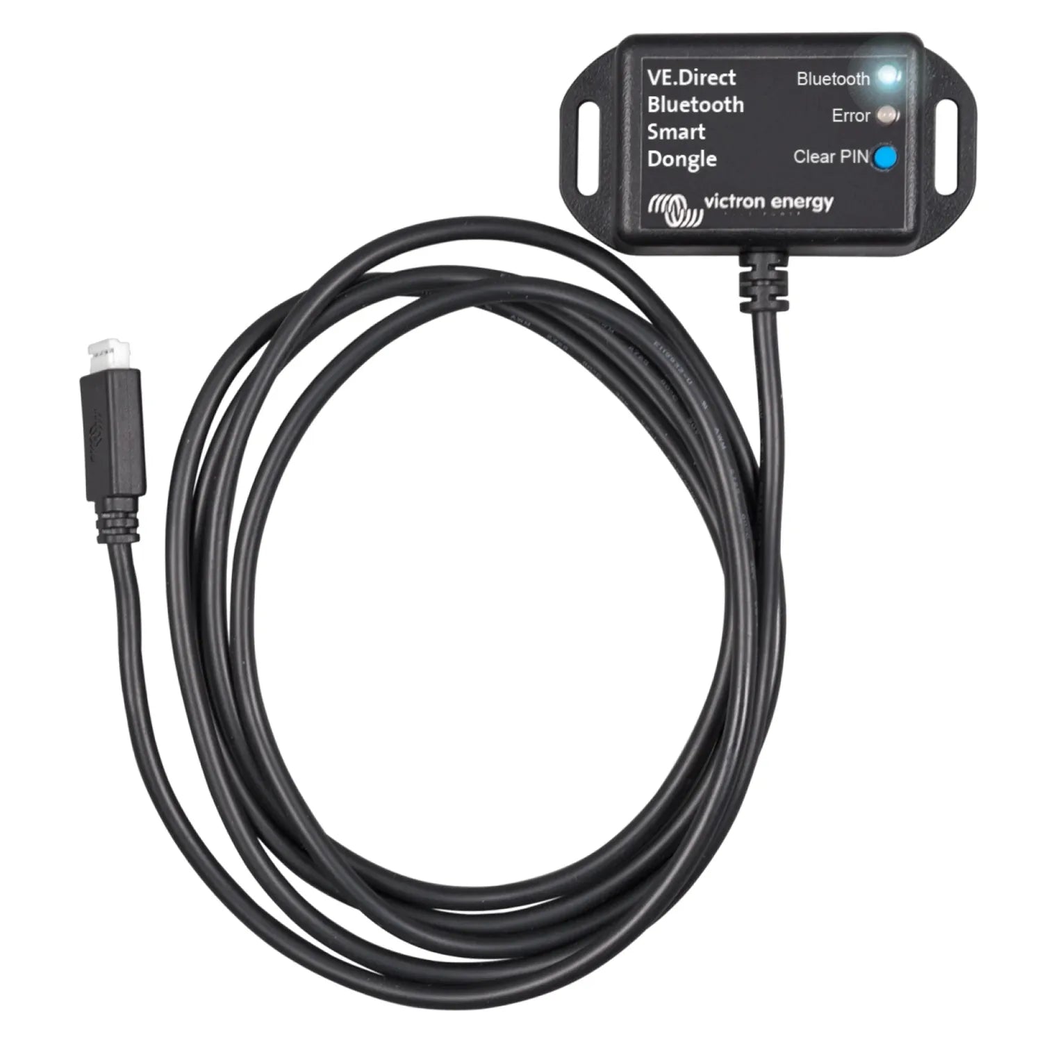 Victron VE.Direct Bluetooth Smart Dongle with attached black cable and USB connector, shown against white background.
