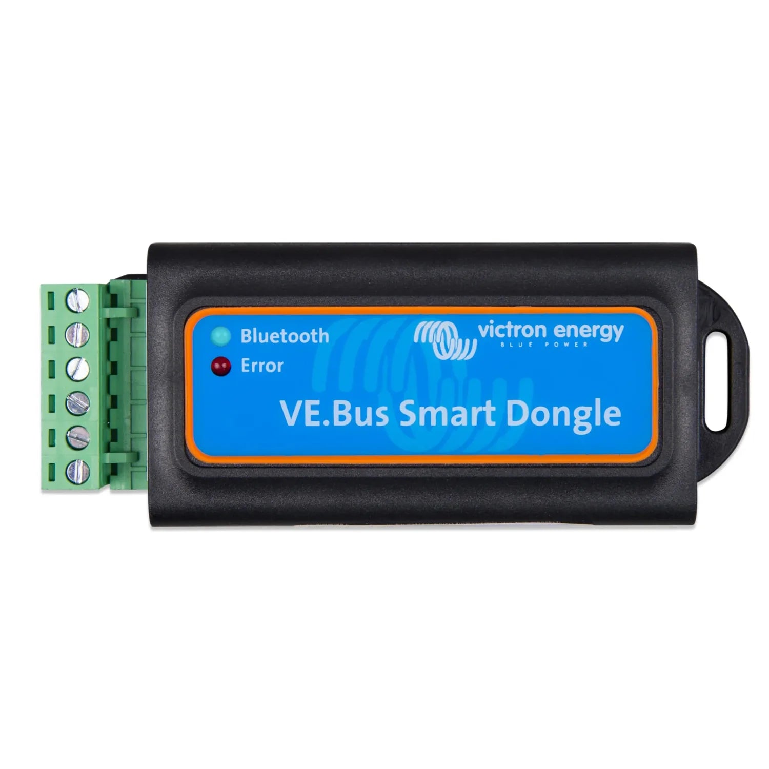 Victron Energy VE.Bus Smart Dongle with blue label, green terminal connectors on left side, Bluetooth and Error indicator lig