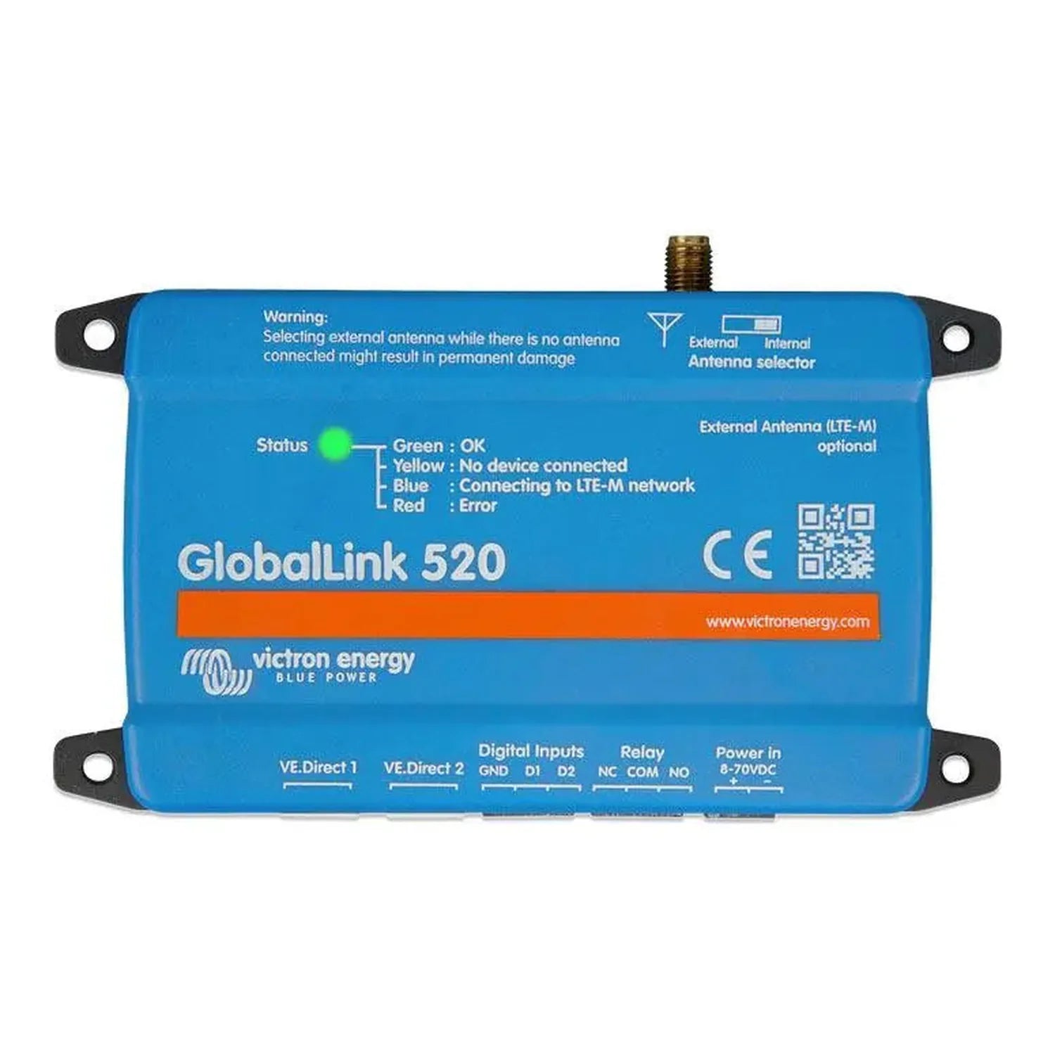 Victron GlobalLink 520 blue cellular modem device with antenna connector, status indicator light, and terminal connections la