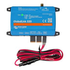 Victron GlobalLink 520 blue cellular monitoring device with antenna, connectors, and red and black power cables shown against