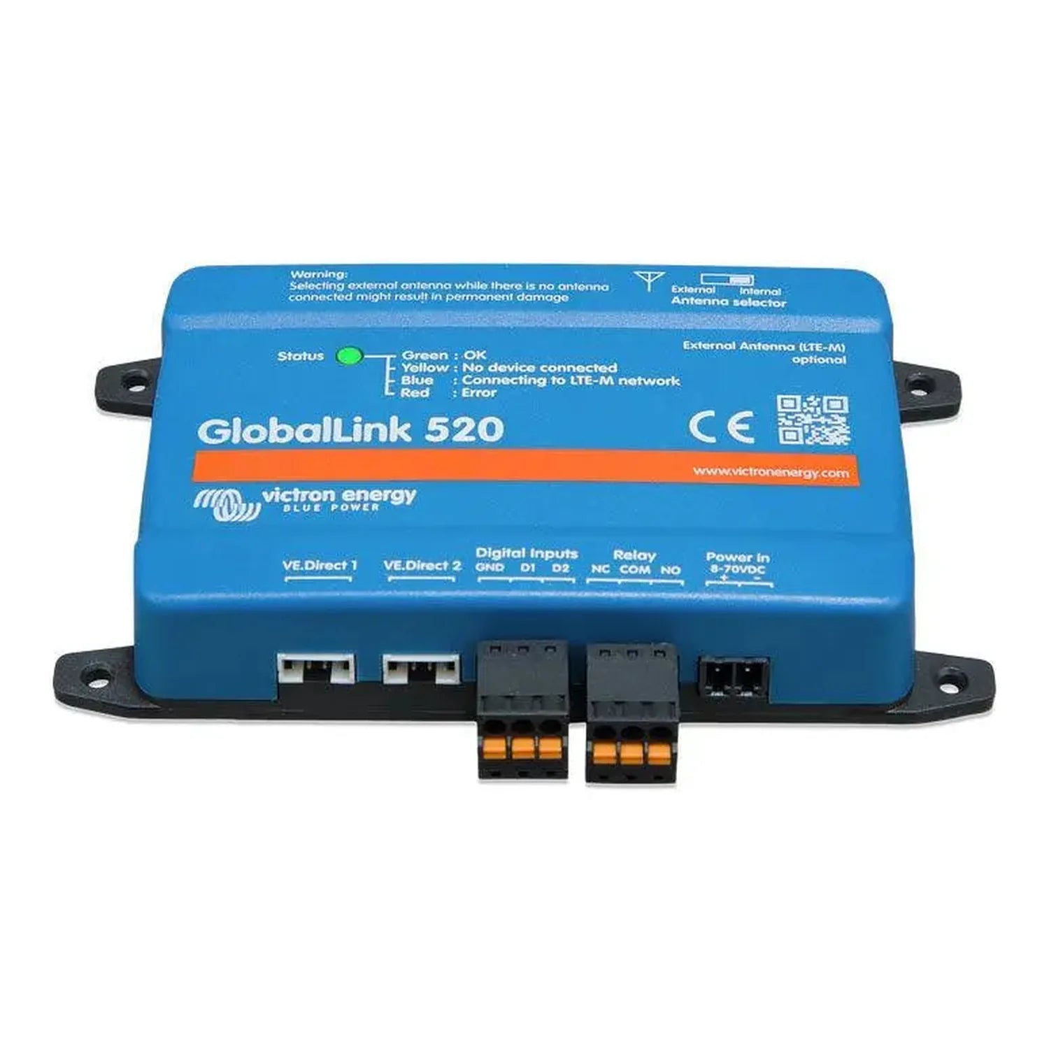 Victron GlobalLink 520 blue cellular monitoring device with status indicator lights and terminal connectors, top-down view.