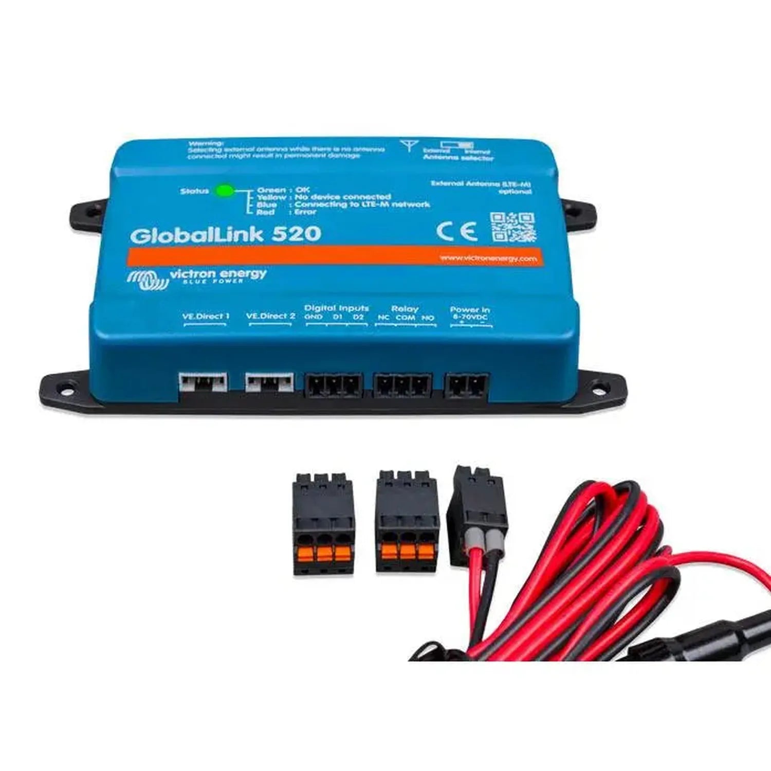 Victron GlobalLink 520 blue device with external antenna and detached connectors showing VE.Direct ports and power cables.