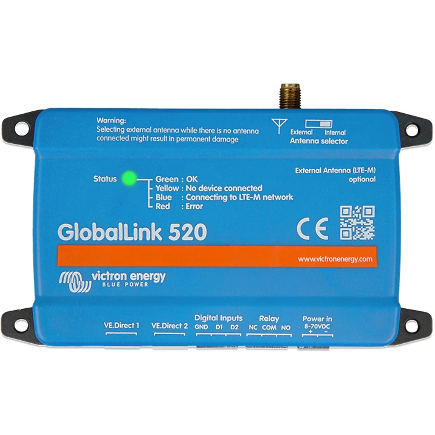 Victron Energy GlobalLink 520 blue cellular monitoring device with external antenna connector, status indicator light, and la