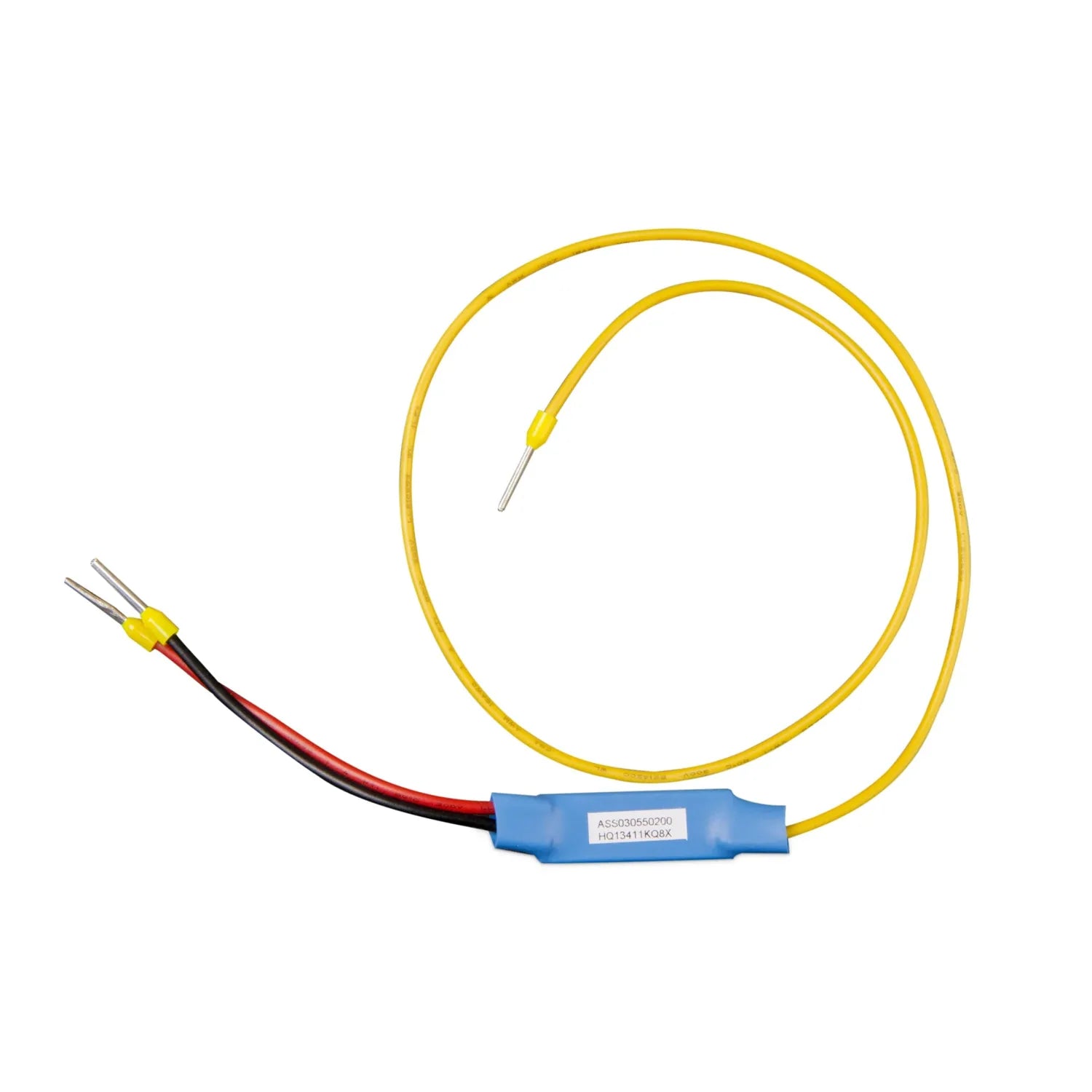 Victron non-inverting remote on-off cable with yellow tubing, blue connector block, and red and black wire leads.