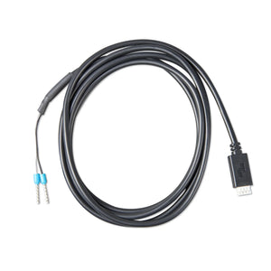 Victron VE.Direct TX Digital Output Cable coiled on white background with blue connector terminals on left and black connecto