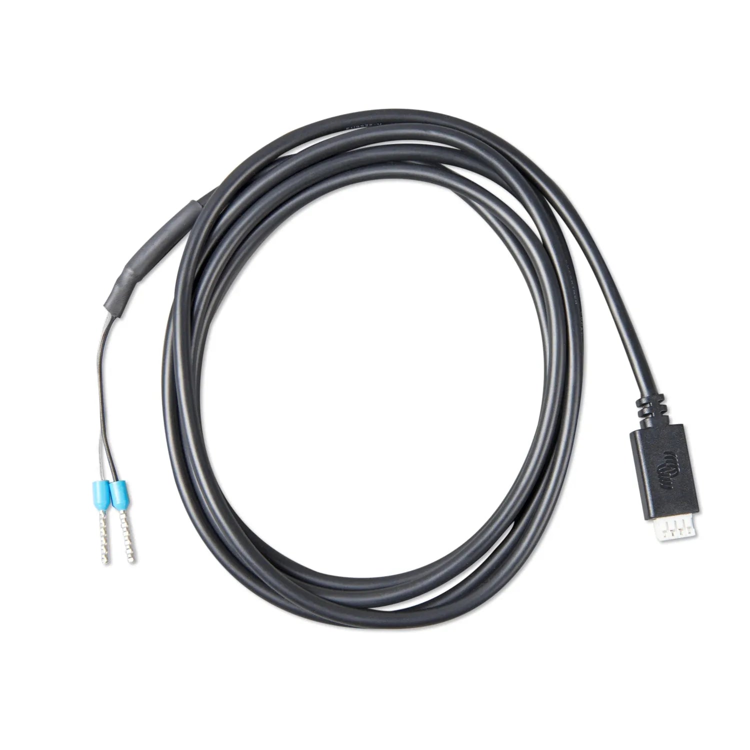 Victron VE.Direct TX Digital Output Cable coiled on white background with blue connector terminals on left and black connecto