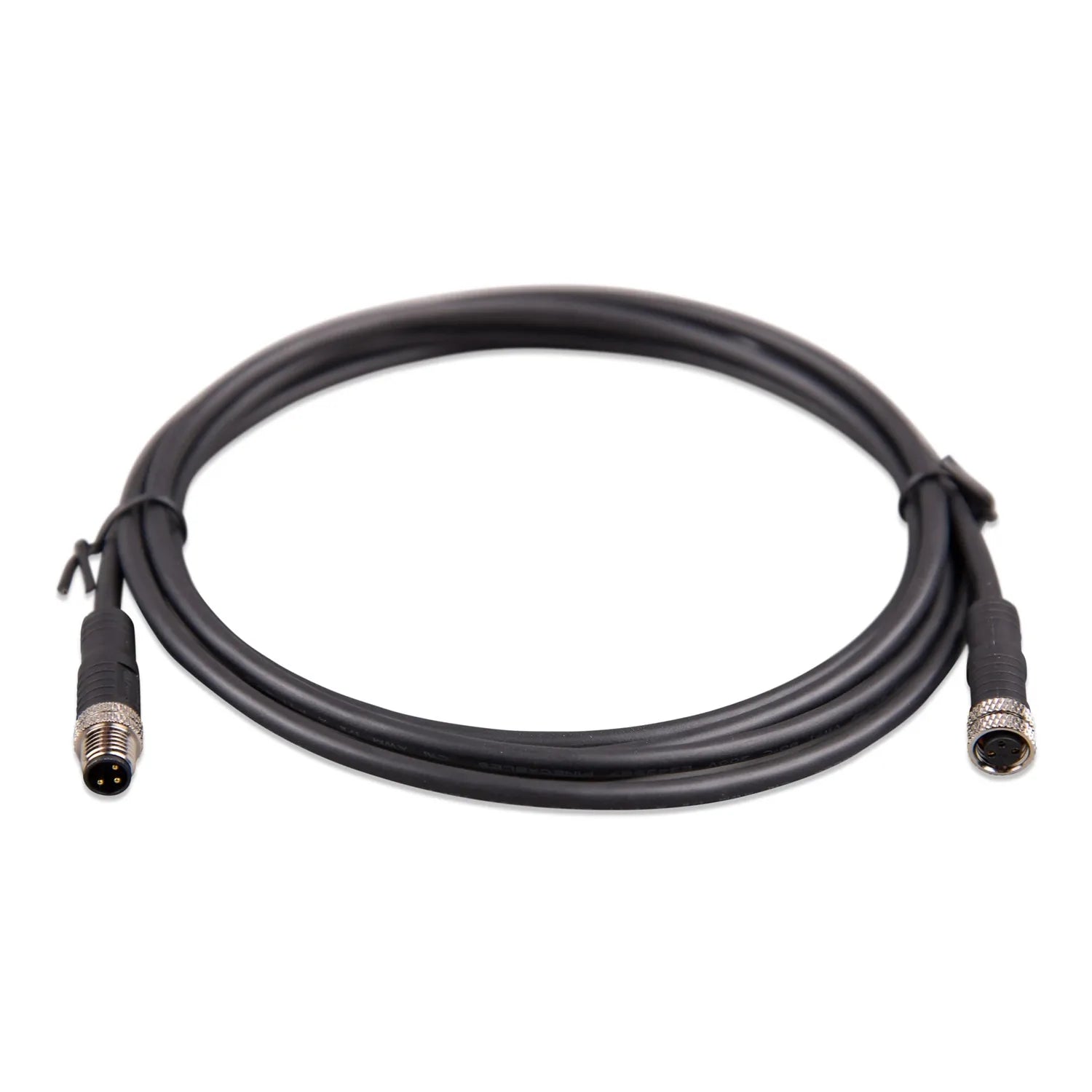Black circular connector cable with male and female M8 connectors on ends, approximately 2 meters long, coiled against white 
